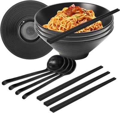 Set van 4 Melamine Ramenkommen van 1600ml met eetstokjes en lepel, ideaal voor noedelsoep, salades en groenten