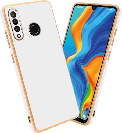 Cadorabo Hoesje geschikt voor Huawei P30 LITE in Glossy Wit - Goud - Beschermhoes Case Cover van flexibel TPU-silicone en met camerabescherming
