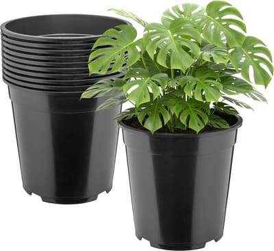 Garronda Set van 10 hoge ronde kunststof kweekpotten met drainagegaten (Zwart, Ø25 x 24 cm (9,5L)) GD-KW-RH