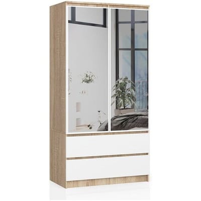 Kledingkast S90 met Spiegel 2 Deuren en 2 Lades / AKORD Furniture Factory / Sonoma Eik - Wit / 90 x 180 x 51 cm