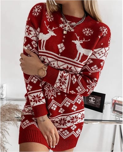Halflange gebreide Kersttrui - Dames trui - Warme trui - Christmas Sweater - Rood - Maat : S