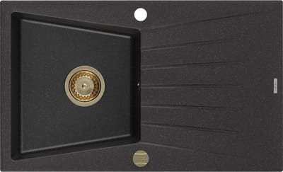 Mexen Cesar granitische spoelbak met 1 bak en afdruiprek 775 x 470 , zwart/zilver metallic, gouden sifon - 6514771010-73-G