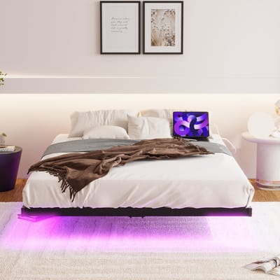 Bedframe - 140x200 cm - Zwevend met LED en Laadstation - Inclusief Lattenbodem - Metaal - Zwart