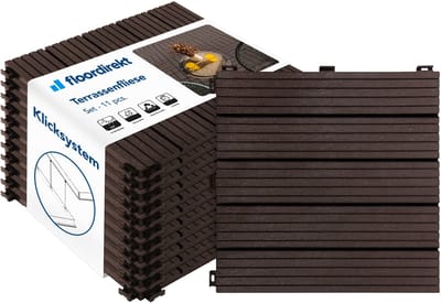 FLOORDIREKT Tegels 30x30 cm - 1m² = 11 Terrastegels - Kliktegels - Balkontegels in Houtlook - Vloerbedekking voor Balkon & Terras - Weerbestendig met Drainagefunctie - Claire - Bruin