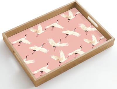 Dienblad hout 50x35 cm - Schootdienblad - Modern - Kraanvogels - Roze - Borrelplank rechthoek - Plateau dienbladen