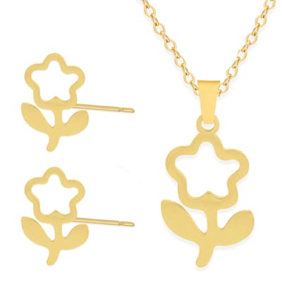 Cadeau Ketting & Oorbellen set met Bloem - Roestvrij Staal - Goudkleurig - Cadeau Sieraad op Kaartje - Pax Amare