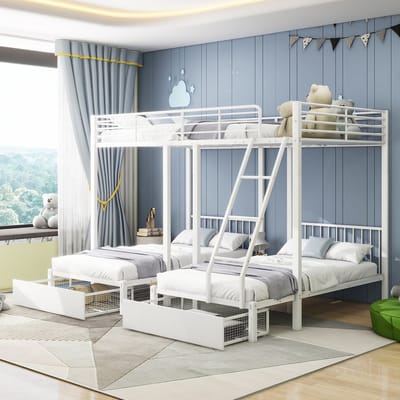 Wishdor Driepersoons Stapelbed 140/90/90x200 cm - Omvormbaar tot Losse Bedden - Inclusief 2 Lades - Flexibel & Ruim - Metaal - Wit