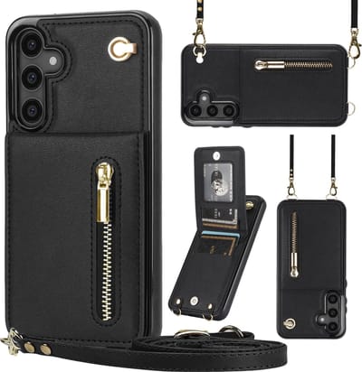 Stravo Samsung Galaxy S25 Plus Portemonnee Hoesje met Rits, Kaarthouder en Crossbody Lanyard Tas [Afneembare Schouderriem] met Kickstand - Zwart