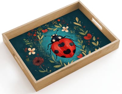 Dienblad hout 40x30 cm - Schootdienblad - Bloemen - Lieveheersbeestje - Hartje - Rood - Borrelplank rechthoek - Plateau dienbladen