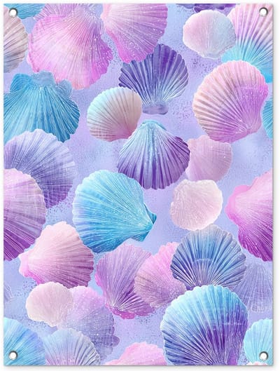 Tuinposter 60x80 cm - Tuindecoratie Schelpen - Paars - Blauw - Patroon - Poster voor in de tuin - Buiten decoratie - Schutting tuinschilderij - Tuindoek muurdecoratie - Wanddecoratie balkondoek