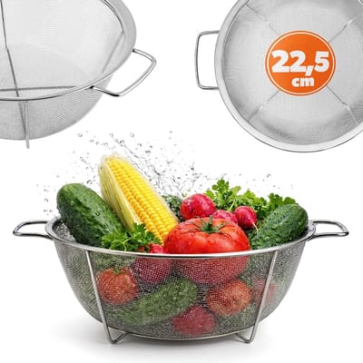 KADAX Keukenzeef van roestvrij staal, pastazeef met praktische handgrepen, robuuste vergiet met onderzetter, microgeperforeerde zeef (diameter 22,5 cm)