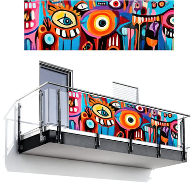 Balkonscherm 300x100 cm - Balkonposter Abstract - Gezicht - Kleurrijk - Balkon scherm decoratie - Balkonschermen - Balkondoek zonnescherm
