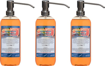 Handzeep Sweet Orange & Cedarwood 1 liter - set van 3 stuks - met gratis RVS zilverkleurige pomp - Voordeelverpakking