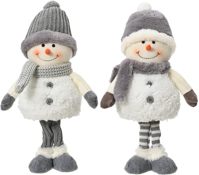 Decoris - Kerstdecoratie Sneeuwpoppen - Set van 2 – Polyester - Grijs/Sneeuw - H37 cm