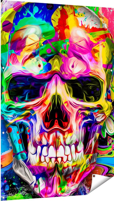 Gards Tuinposter Gekleurde Schedel - Doodskop - Doodshoofd - 100x150 cm - Tuindoek - Tuindecoratie - Wanddecoratie buiten - Tuinschilderij