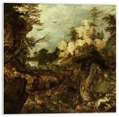 Forex - Oude Meesters - Everzwijnjacht in een rotsachtig…, Roelandt Savery - 50x50cm Foto op Forex