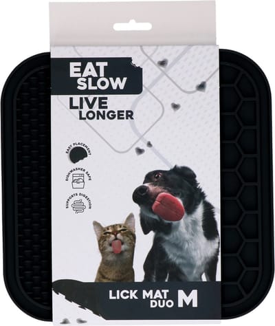Eat Slow Live Longer Duo Likmat - 21 x 21 cm - Vierkant - Snuffelmat - Anti-schrok Mat - Slowfeeder Honden en Katten - 100% Siliconen - Vaatwasserbestendig - Maat M - Voerpuzzel Kat - Grijs
