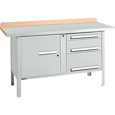 Box-type werkbank Schäfer Shop Select PWi 150-7, beuken multiplex blad, met stalen afdekking, tot 750 kg, B 1500 x D 700 x H 840 mm, lichtgrijs