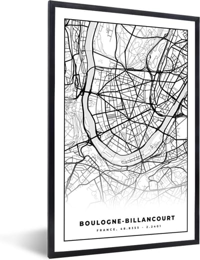 Fotolijst incl. Poster Zwart Wit- Kaart - Plattegrond - Boulogne-Billancourt - Frankrijk - Stadskaart - Zwart wit - 40x60 cm - Posterlijst