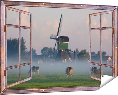 Gards Tuinposter Doorkijk Landschap met Koeien - 150x100 cm - Tuindoek - Tuindecoratie - Wanddecoratie buiten - Tuinschilderij