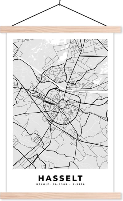Posterhanger incl. Poster 40x60 cm - Schoolplaat - Plattegrond – Hasselt – Zwart Wit – Stadskaart - Kaart - Textielposter - Blanke latten - Stadskaart