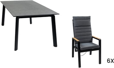 7-delige tuinset | 6 verstelbare tuinstoelen Berlijn (Black/Wood) | Tuintafel Malta 220x100cm |Black