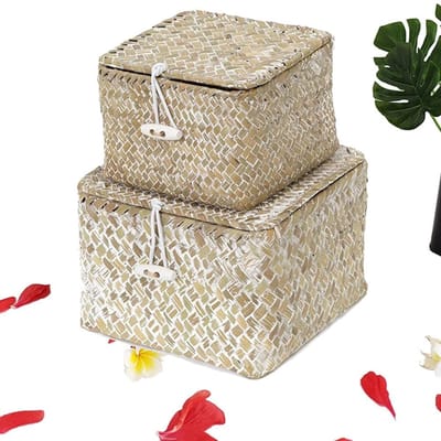 opbergmand met deksel, set van 2 natuurlijke geweven vierkante manden voor planken, cosmetica, sieraden, organizerdozen