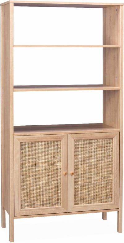 sweeek - Boekenkast met 2 deuren en open planken houtdecor en rotan 80cm - bohème