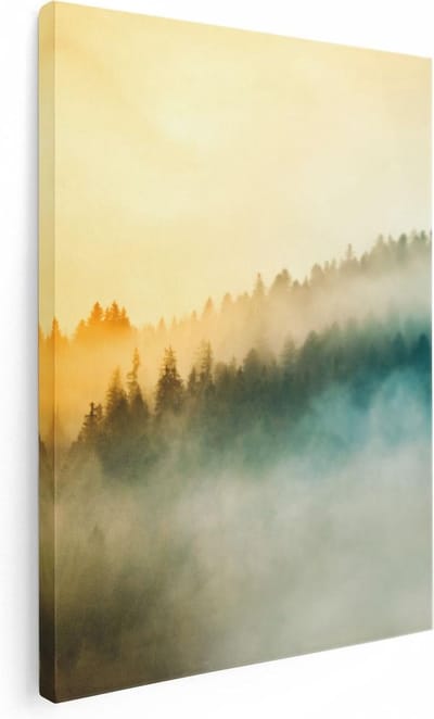Artaza Canvas Schilderij Mistig Bos - 30x40 cm - Klein - Wanddecoratie Natuur - Muurdecoratie Zonsopgang - Schilderijen Op Canvas