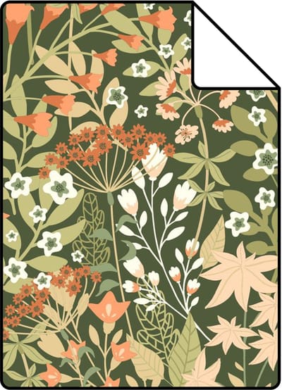 Proefstaal ESTAhome behang veldbloemen groen en oranje - 26.5 x 21 cm - 131352-S