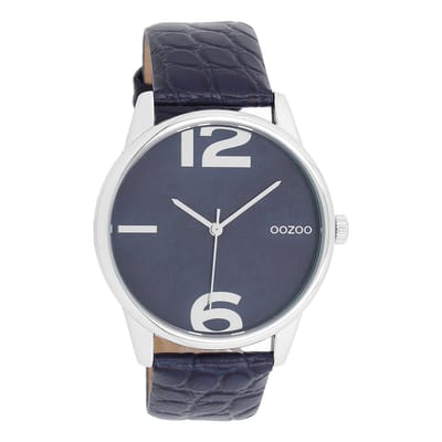 OOZOO Timepieces - Zilverkleurige horloge met avond blauwe leren band - C10377