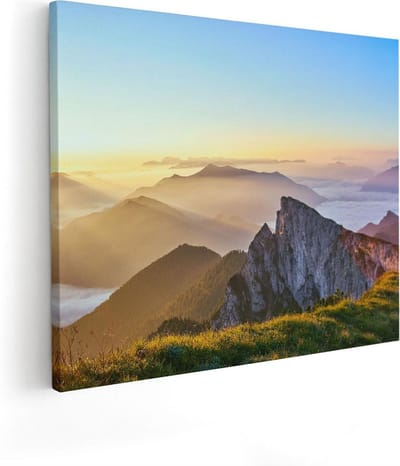 Artaza Canvas Schilderij Landschap - 50x40 cm - Wanddecoratie Natuur - Muurdecoratie Zon - Kamer Accessoires Bergen