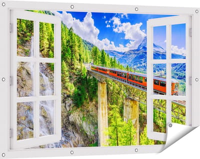 Gards Tuinposter Doorkijk Trein op een Brug bij een Waterval in Zwitserland - 120x80 cm - Tuindoek - Tuindecoratie - Wanddecoratie buiten - Tuinschilderij