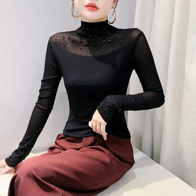 Dames wintermode T-shirt met lange mouwen Strakvallende top Shirt in buitenlandse stijl met semi-col 4XL