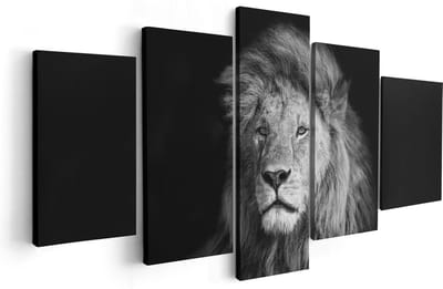 Artaza Canvas Schilderij Vijfluik Leeuw - Leeuwenkop - Zwart Wit - 100x50 cm - Wanddecoratie Woonkamer - Schilderijen - Muurdecoratie