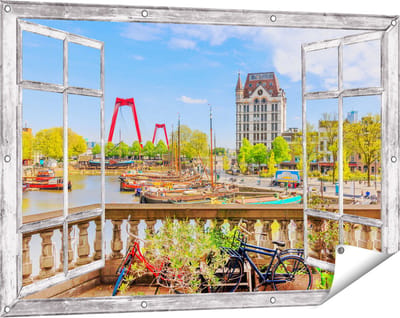 Gards Tuinposter Doorkijk Kleurrijke Oude Haven in Rotterdam - 120x80 cm - Tuindoek - Tuindecoratie - Wanddecoratie buiten - Tuinschilderij