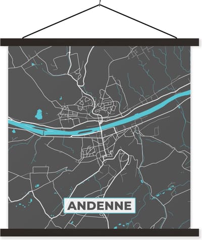 Posterhanger incl. Poster 60x60 cm - Schoolplaat - Kaart – Plattegrond – Stadskaart – Andenne – België - Grijs - Textielposter - Zwarte latten - Stadskaart