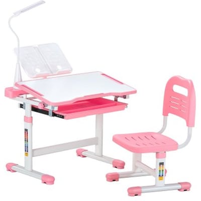 VEVOR Bureauset Kinderbureau Werktafel en Stoel Hoogte Verstelbaar (53-71 cm) Draagvermogen (100 kg) Met Tafellamp & 0-40° Hellend Bureaublad voor Slaapkamer Roze