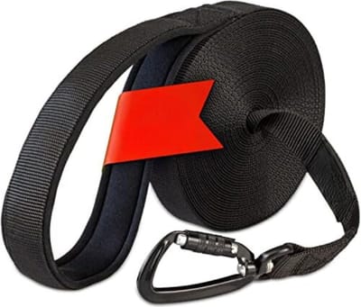 Hondenriem 10 Meter - Hondenlijn 10 Meter met gevoerde handlus, robuuste looplijn voor honden, met veiligheidskarabijnhaak voor succesvolle hondentraining - Zwart