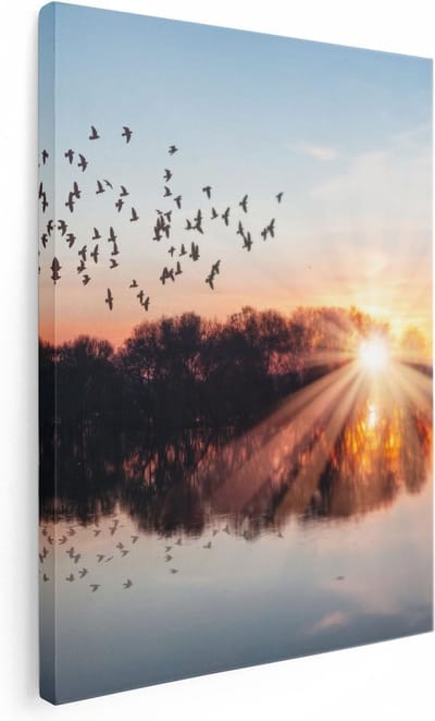 Artaza Canvas Schilderij Vogels - 30x40 cm - Klein - Wanddecoratie Zonsondergang - Muurdecoratie Natuur - Schilderijen Op Canvas