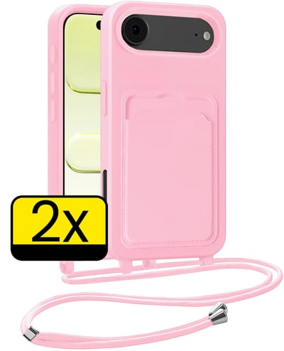 Hoesje Geschikt voor iPhone Air Telefoonhoesje Met Koord Case Pashouder Siliconen - Hoes Geschikt voor iPhone Air Hoesje Met Kaarthouder - Lichtroze - 2 Stuks
