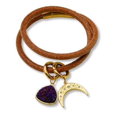Wikkelarmband Leer Moon-Agate - damesarmband - 2 afneembare hangers - mat gouden kliksluiting - edelsteen Druzy Agaat - Maan met strass-steentjes