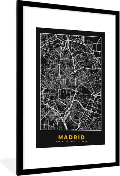 Fotolijst incl. Poster - Madrid - Goud - Plattegrond - Stadskaart - Kaart - 60x90 cm - Posterlijst