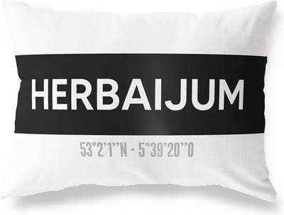 Tuinkussen HERBAIJUM - FRIESLAND met coördinaten - Buitenkussen - Bootkussen - Weerbestendig - Jouw Plaats - Studio216 - Modern - Zwart-Wit - 50x30cm