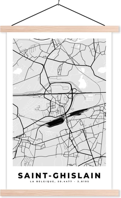 Posterhanger incl. Poster 40x60 cm - Schoolplaat - Stadskaart – Zwart Wit - Kaart – Saint Ghislain – België – Plattegrond - Textielposter - Blanke latten - Stadskaart