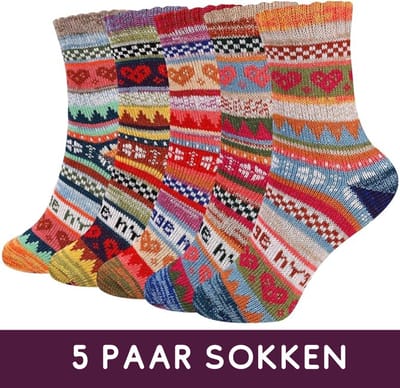 Winkrs© Scandinavische Hygge Sokken set 5 paar - maat 35-39 - Warme Noorse Wintersokken dames met Hartjes , Tekst en Kleurrijke patronen
