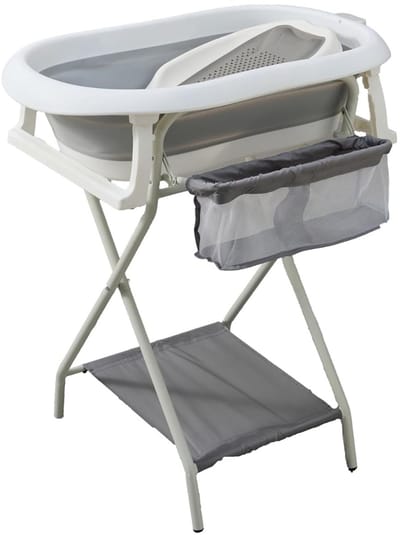 Aurixi® Baby Badje Met Standaard - Babybadje - Inklapbaar Bad Met Kussen - Bad Baby 50 Liter - Zitbad Met 4 Speelballen- Opvouwbaar Bad Kinderen - Baby badje - Bath Bucket - Opvouwbaar bad baby - Babybadset - Grijs - 82cm x 52cm x 20cm