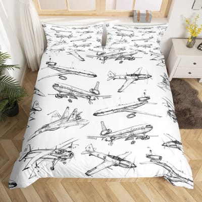 Vliegtuig Dekbedovertrek Cartoon Vliegtuig Amerikaans Vliegtuig Beddengoed Set Wolk Luchtblauw Hemel Dekbedovertrek, Rood Blauw Schattig Dekbedovertrek AU Single(140x210cm)