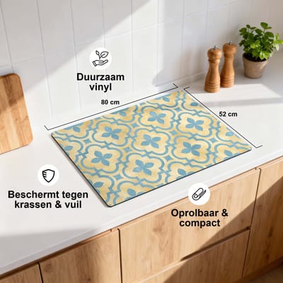 KitchenArt - Soft Azure Blossom - Inductie Beschermer - 91.6x52.7 cm - Kookplaat Beschermer - Luxe Afdekplaat Inductieplaat - Anti-slip & Oprolbaar - Beschermmat Inductiekookplaat