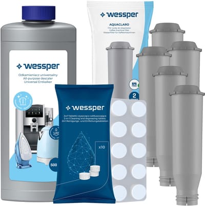 Wessper, 5 stuks waterfilter voor koffiemachines, compatibel met Nivona Krups Bosch Siemens koffiemachines, vervanging NIRF 700 / F088 + 1x Ontkalker, 1000ml + 10x2g Reinigingstabletten, espressomachineset